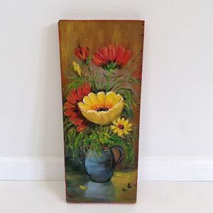 Floral Still Life Painting on Wood Board Artist Signed Vintage Wall Art 12x5